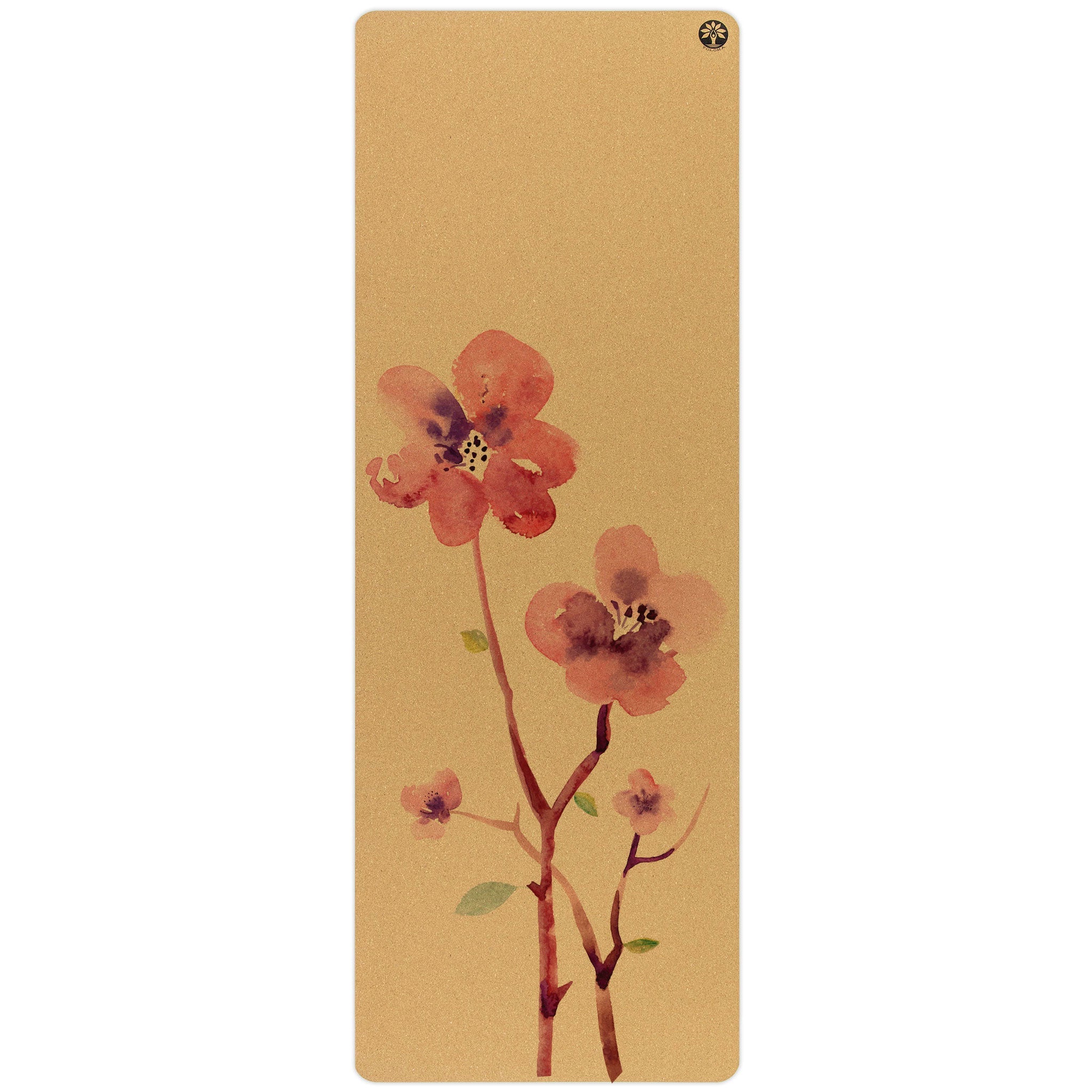 Blossom Aura cork yoga mat with floral pattern in cork and forest-green colors