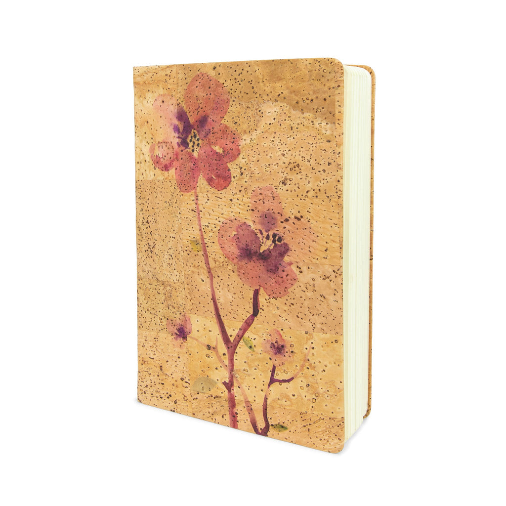 Blossom Cork Journal in tan and pink with a floral pattern and ribbon bookmark