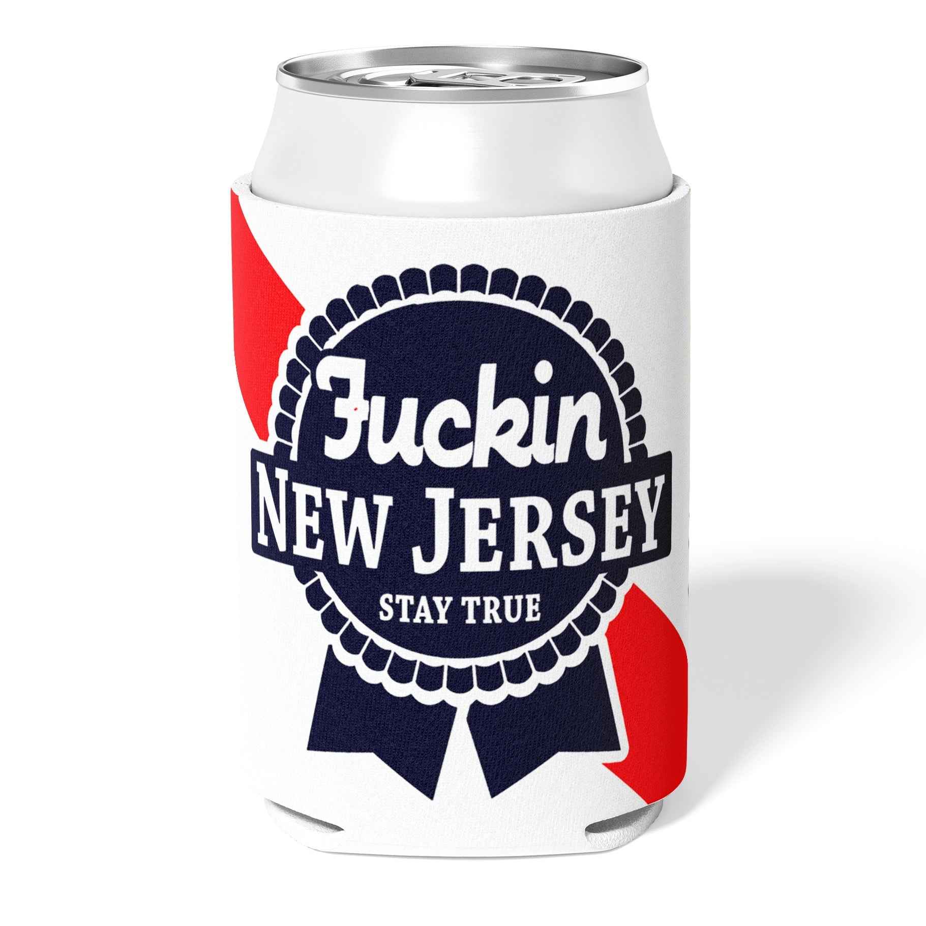 Blue Ribbon can cooler featuring Jersey-inspired graphics on a collapsible insulated sleeve