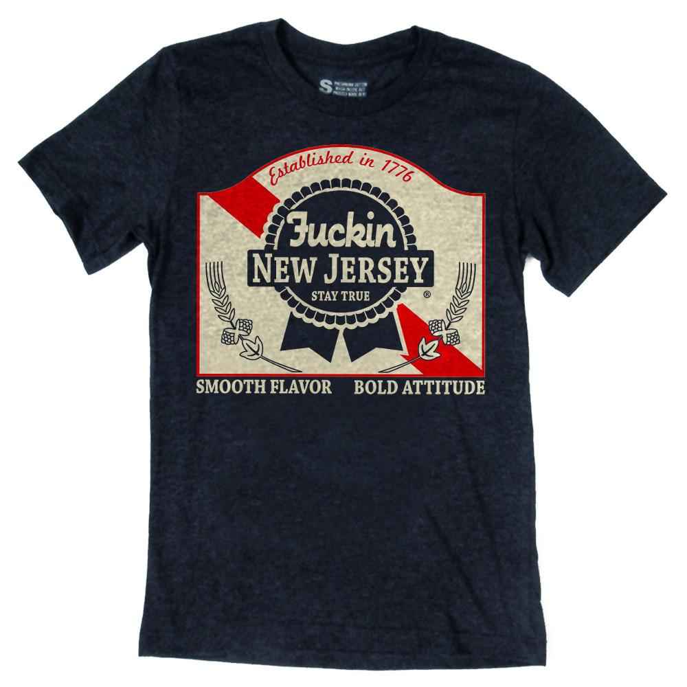 Blue Ribbon graphic t-shirt featuring a Newark-inspired brewing parody design on a casual tee.