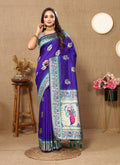 Blue Soft Paithani Silk Saree with elaborate Meenakari Zari weaving pallu