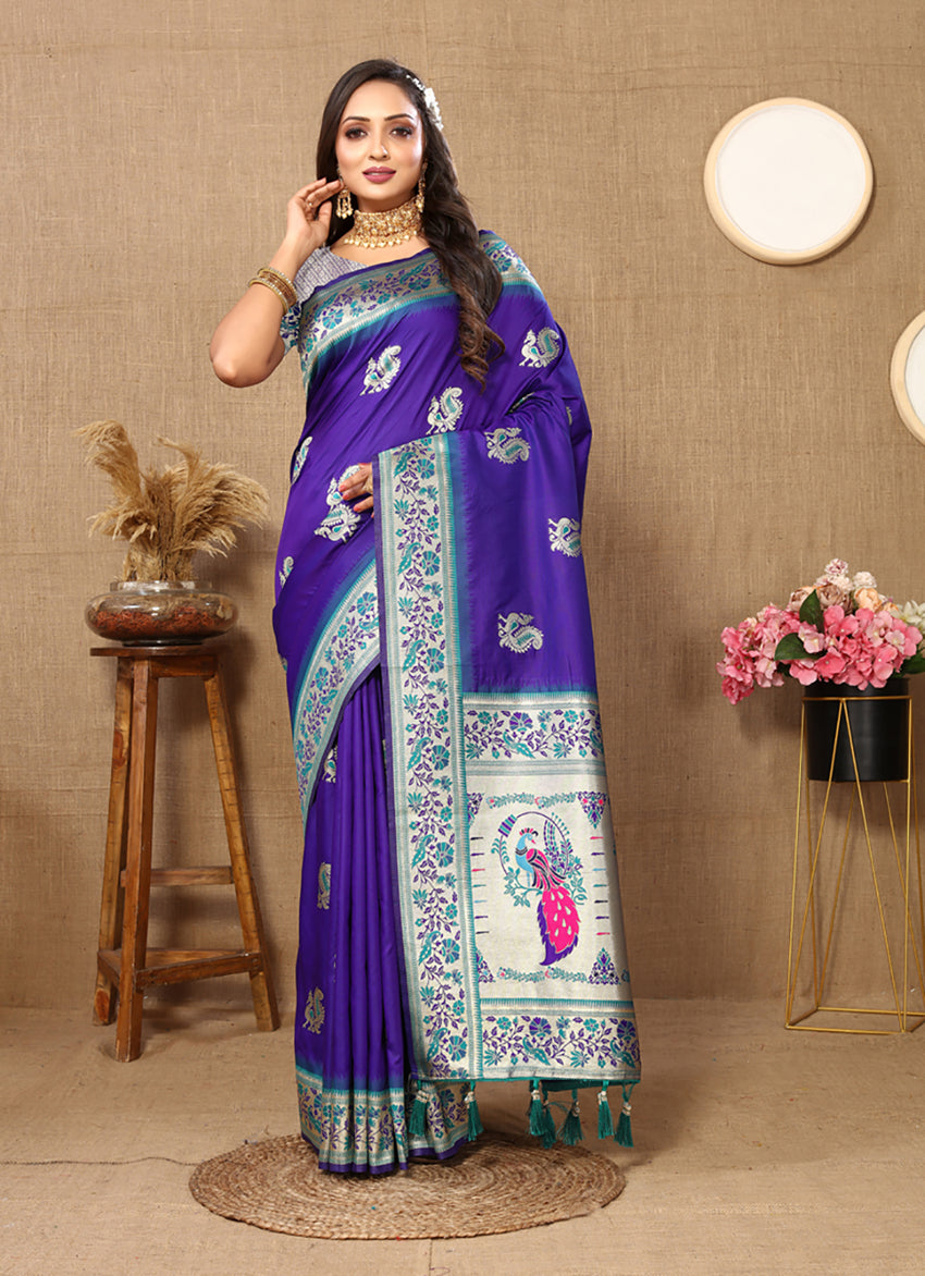 Blue Soft Paithani Silk Saree with elaborate Meenakari Zari weaving pallu