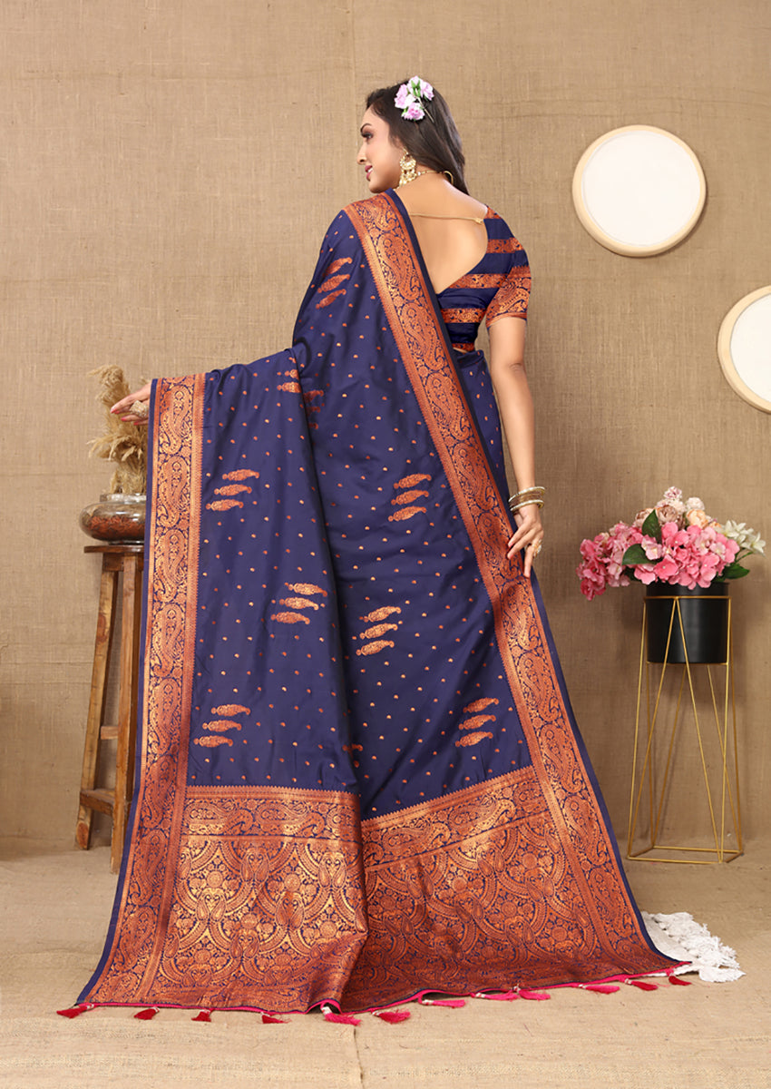 Deep blue soft silk saree with intricate copper zari woven design and matching blouse piece