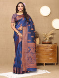 Blue soft katan silk saree with elegant copper zari woven motifs