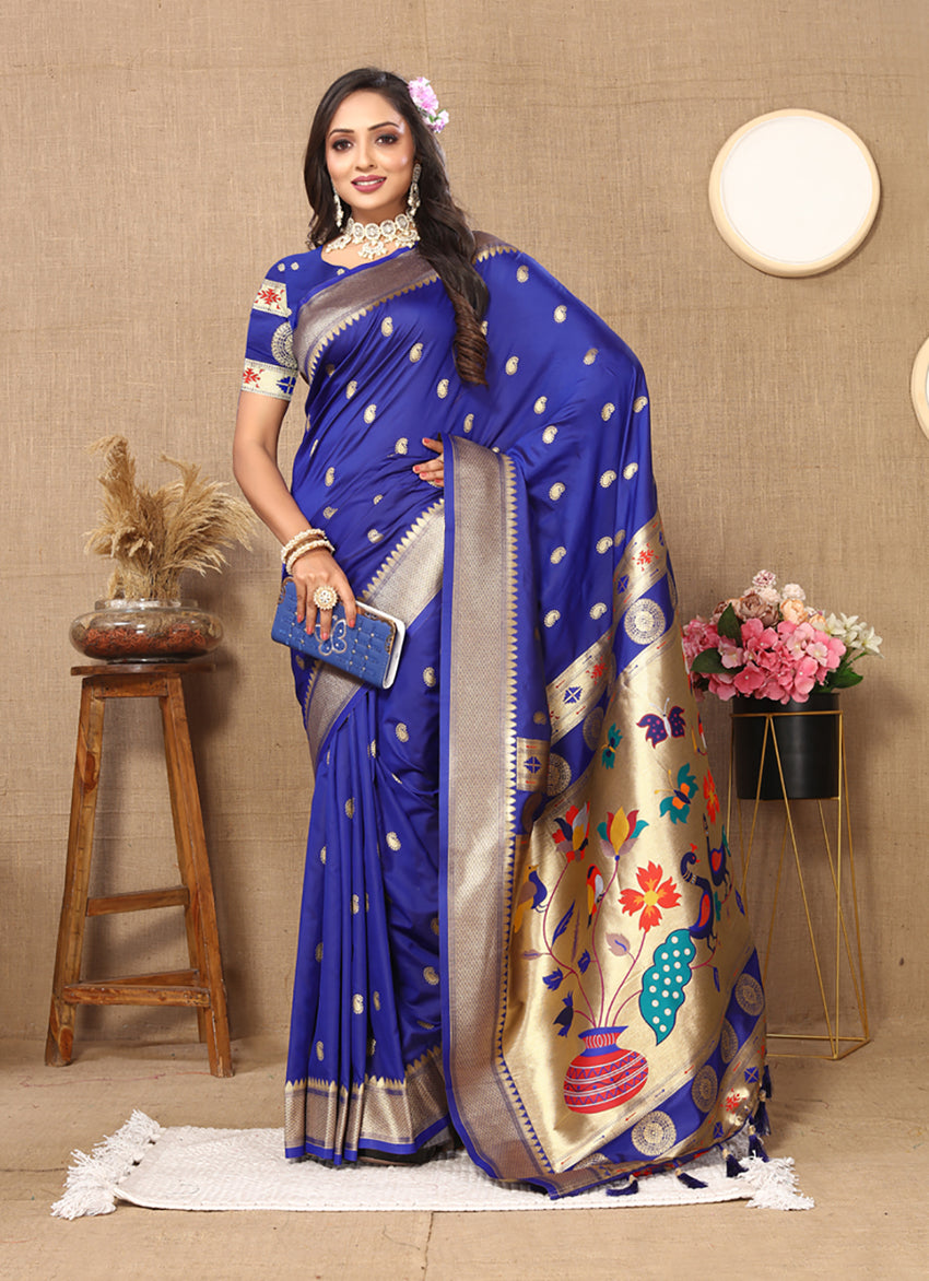 Blue Soft Paithani Silk Saree with elaborate Zari Meenakari weaving patterns