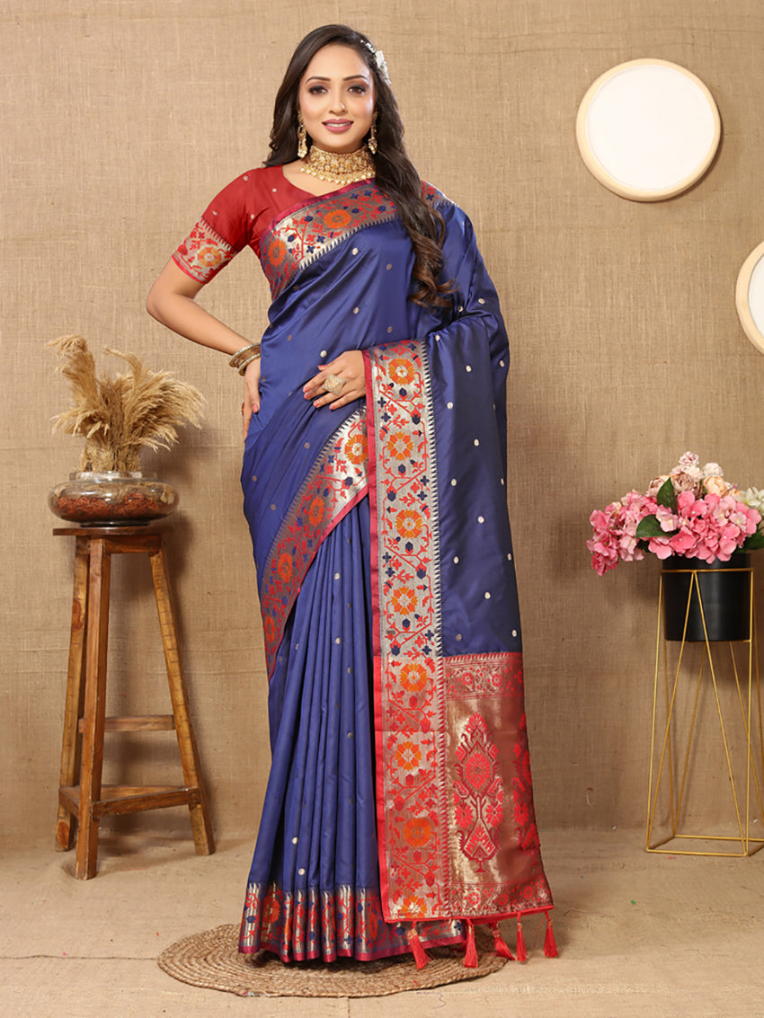 Blue soft Paithani silk saree featuring rich Meenakari zari woven pallu