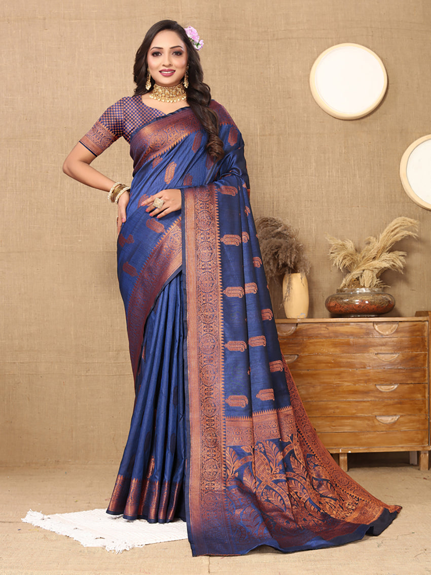 Blue Soft Katan Silk Saree with Copper Zari Woven Design