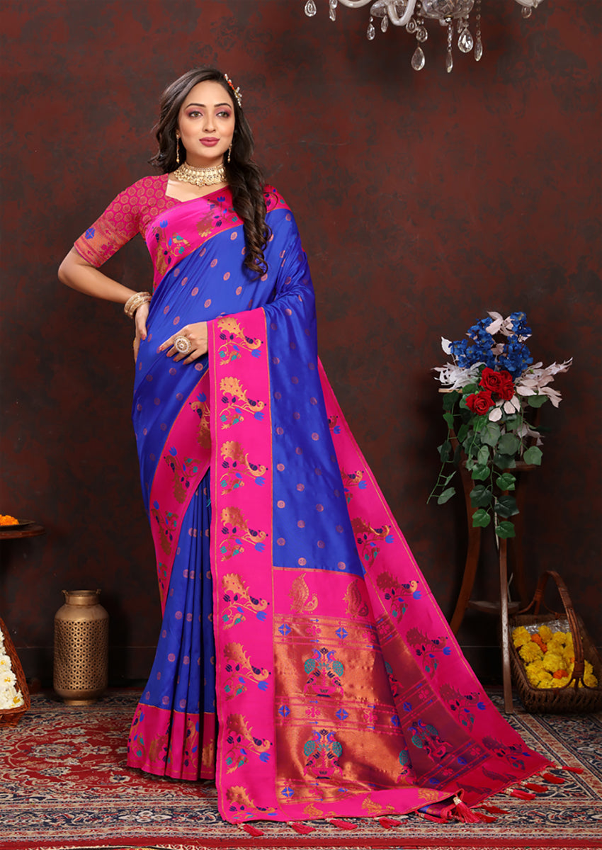 Blue Soft Paithani Silk Saree with Zari Meenakari Weaving