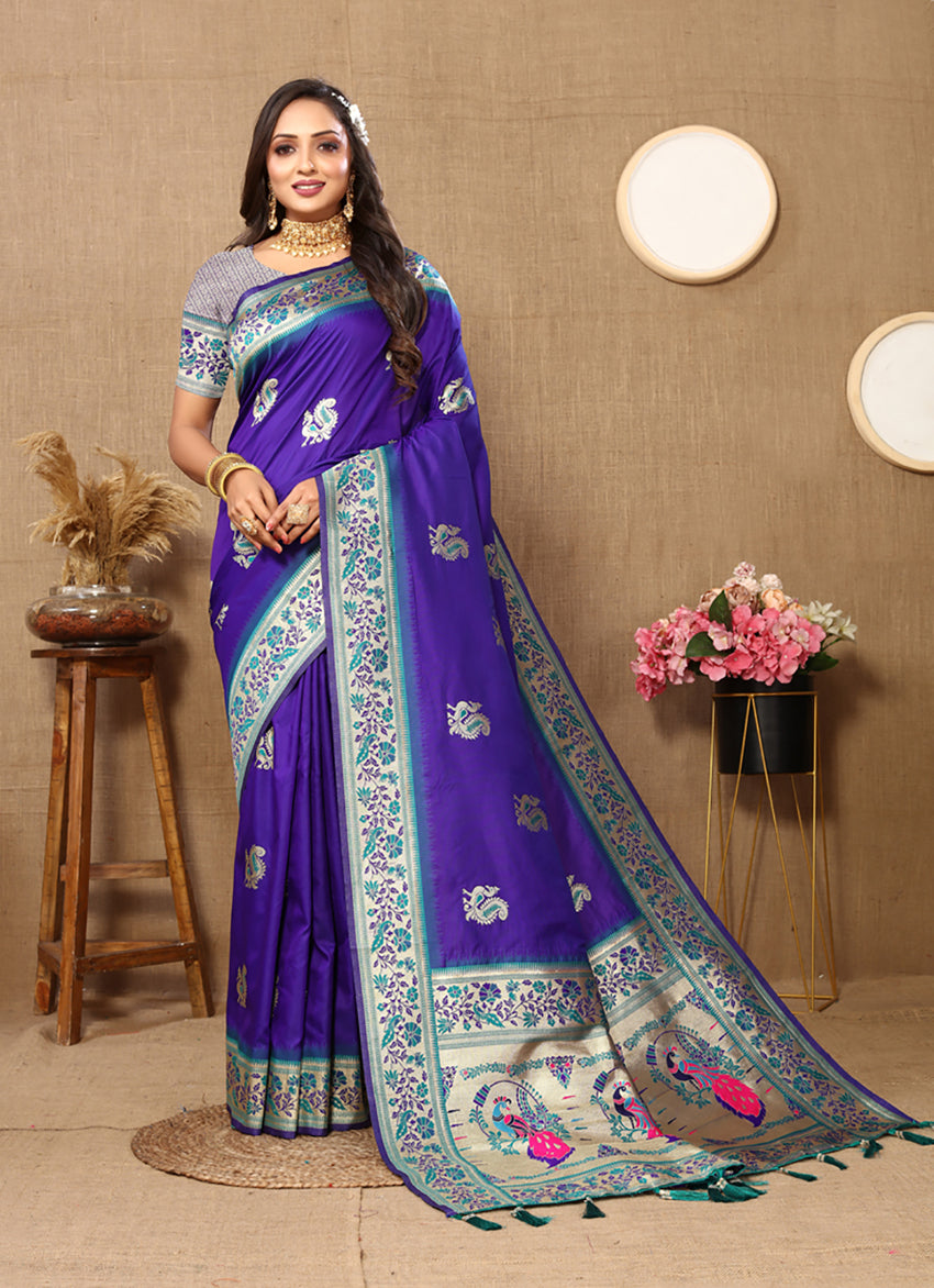 Blue Soft Paithani Silk Saree with Meenakari Zari Weaving Pallu
