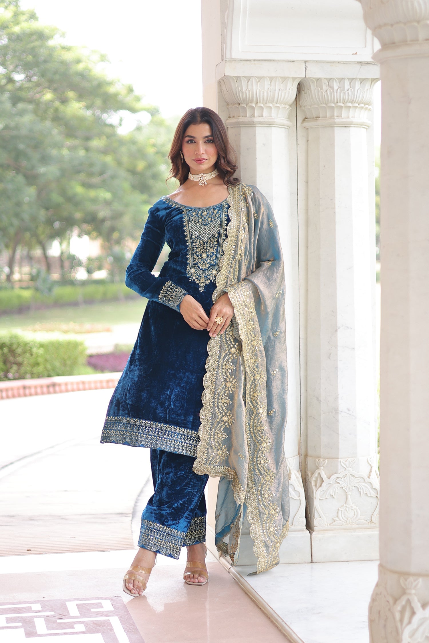 Blue Velvet Kurta Pant Set with Sequins and Zari Embroidery