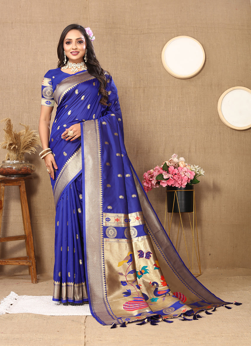 Blue Soft Paithani Silk Saree with Rich Zari Meenakari Weaving