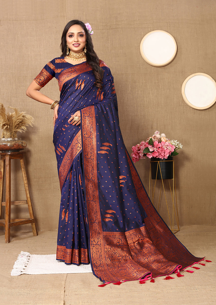 Blue Soft Silk Saree with Intricate Copper Zari Design