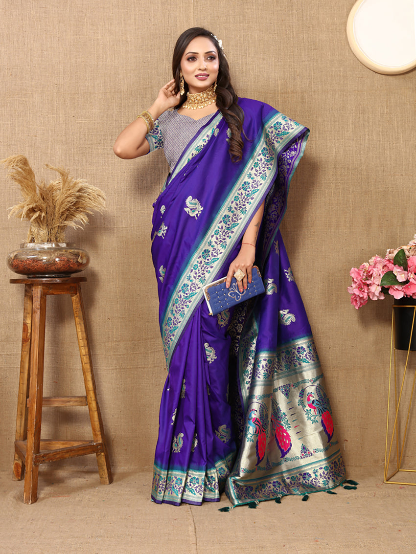 Blue Soft Paithani Silk Saree with Meenakari Zari Weaving Pallu