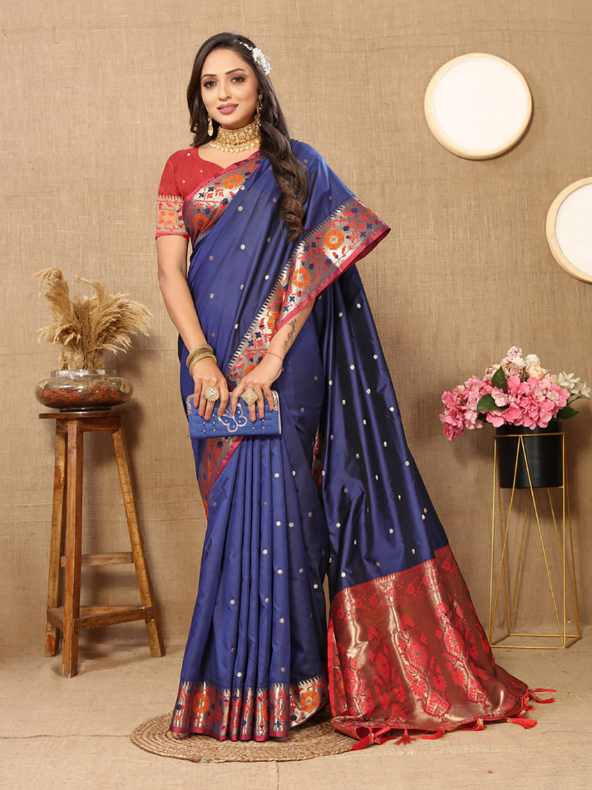 Blue Soft Paithani Silk Saree with Meenakari Zari Pallu