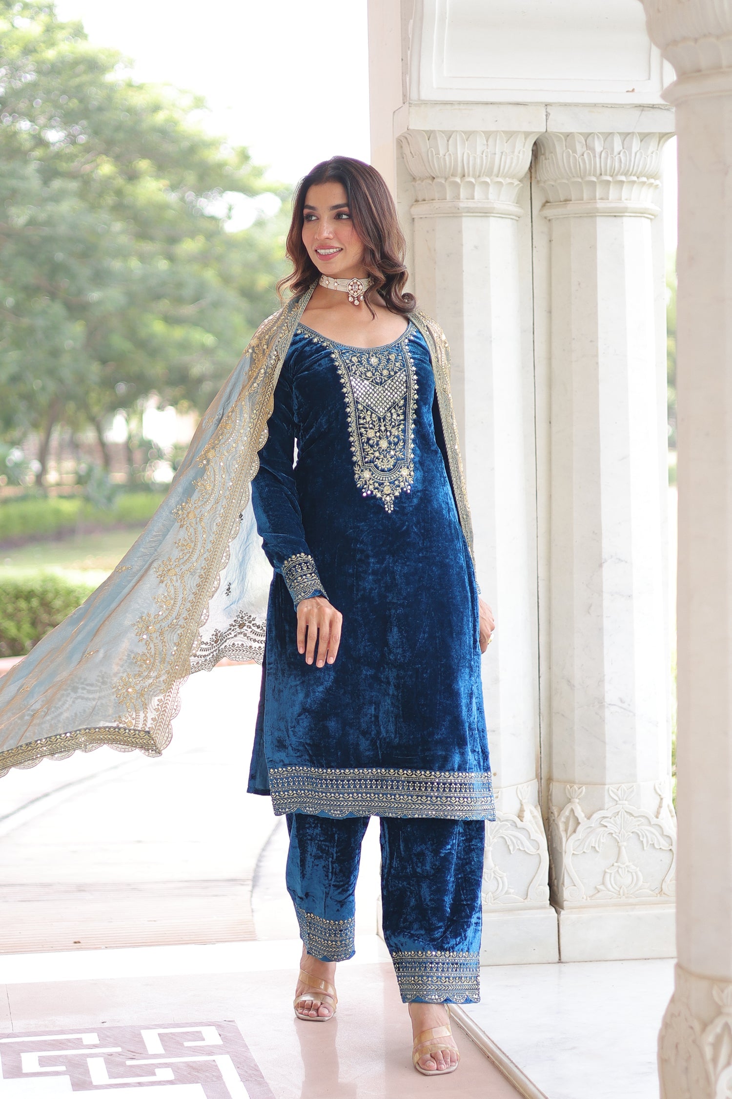 Blue Velvet Kurta Pant Set with Sequins and Zari Embroidery