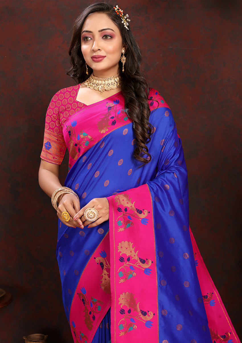 Blue Soft Paithani Silk Saree with Zari Meenakari Weaving