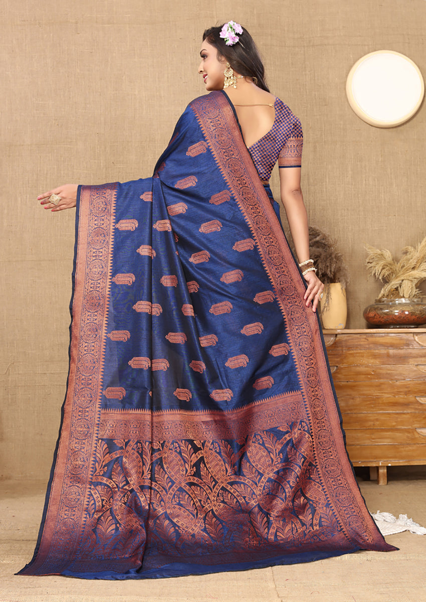 Blue Soft Katan Silk Saree with Copper Zari Woven Design
