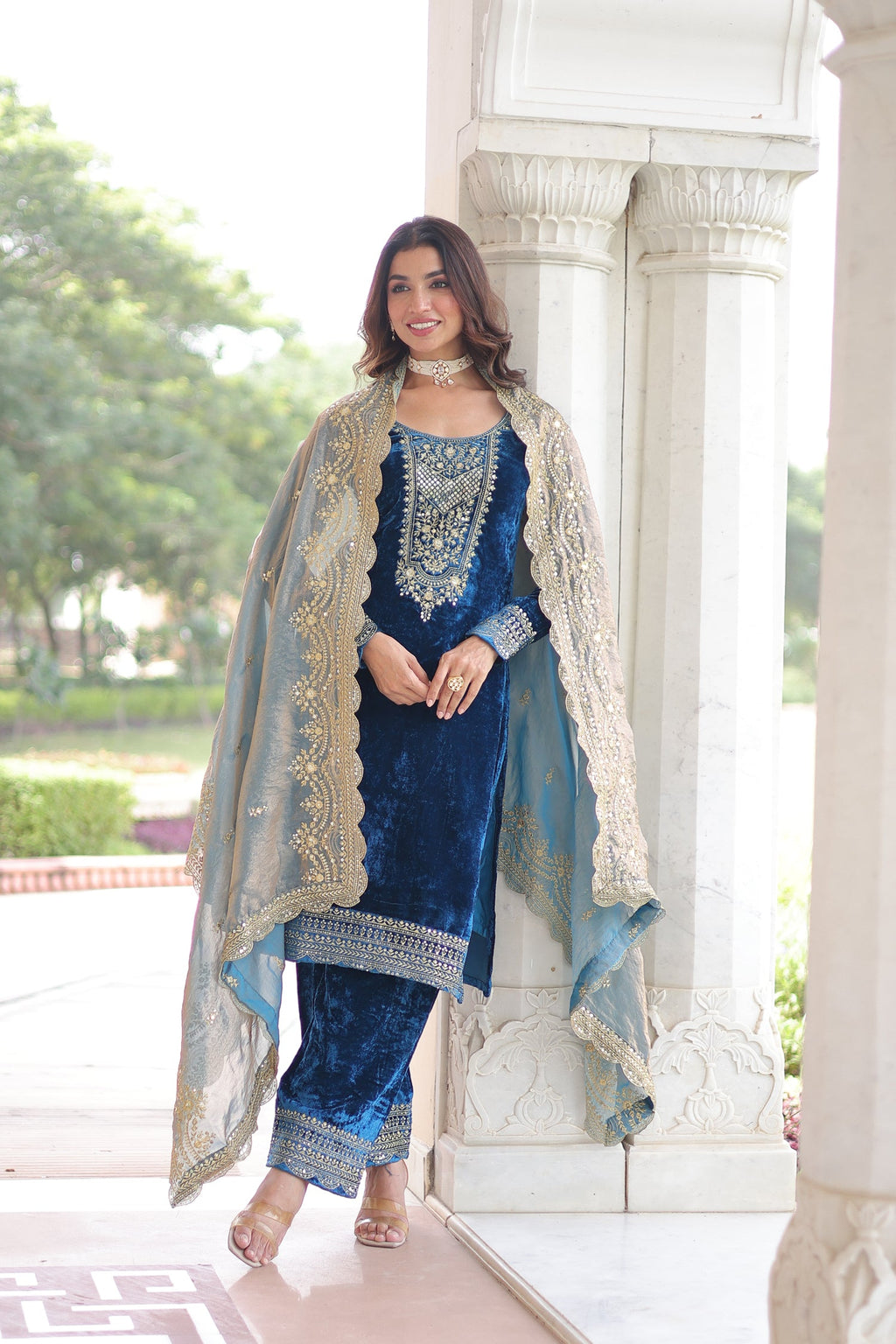 Blue Velvet Kurta Pant Set with Sequins and Zari Embroidery