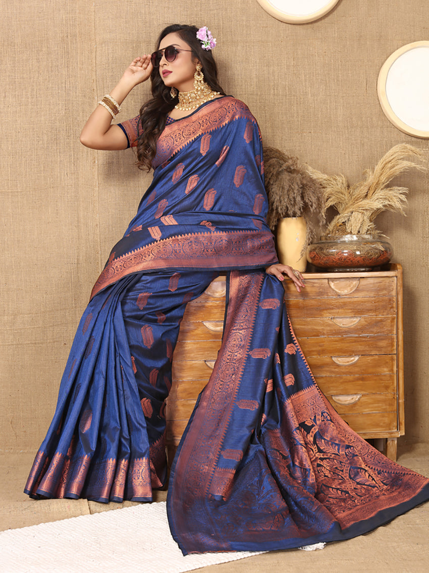 Blue Soft Katan Silk Saree with Copper Zari Woven Design