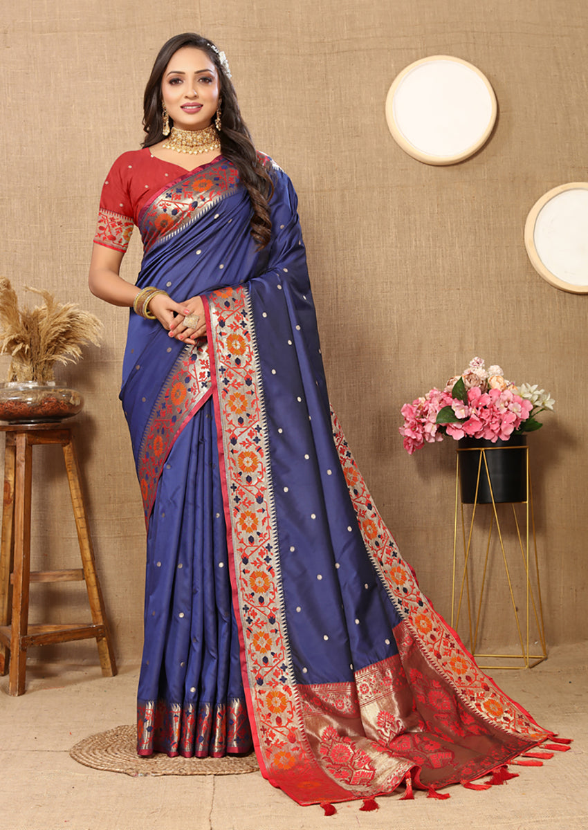 Blue Soft Paithani Silk Saree with Meenakari Zari Pallu