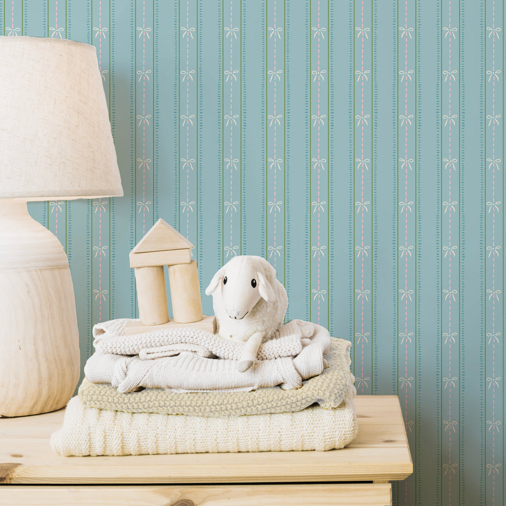 Lena Striped Wallpaper in Pastel Blue, Pink and Cream