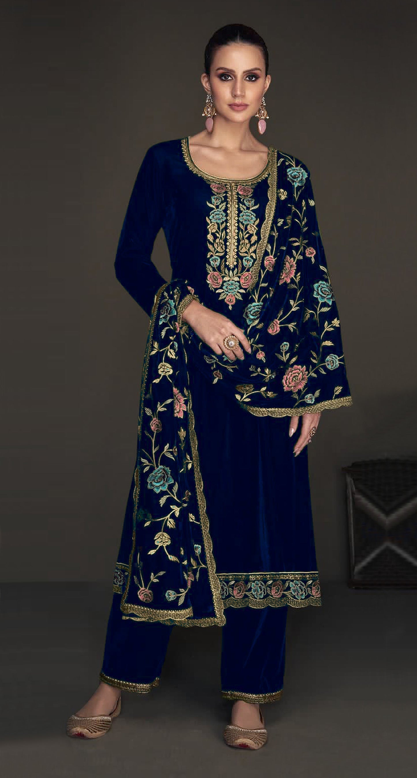 Lorenvalley Fashion Women Blue Velvet Embroidered Salwar Suit Material