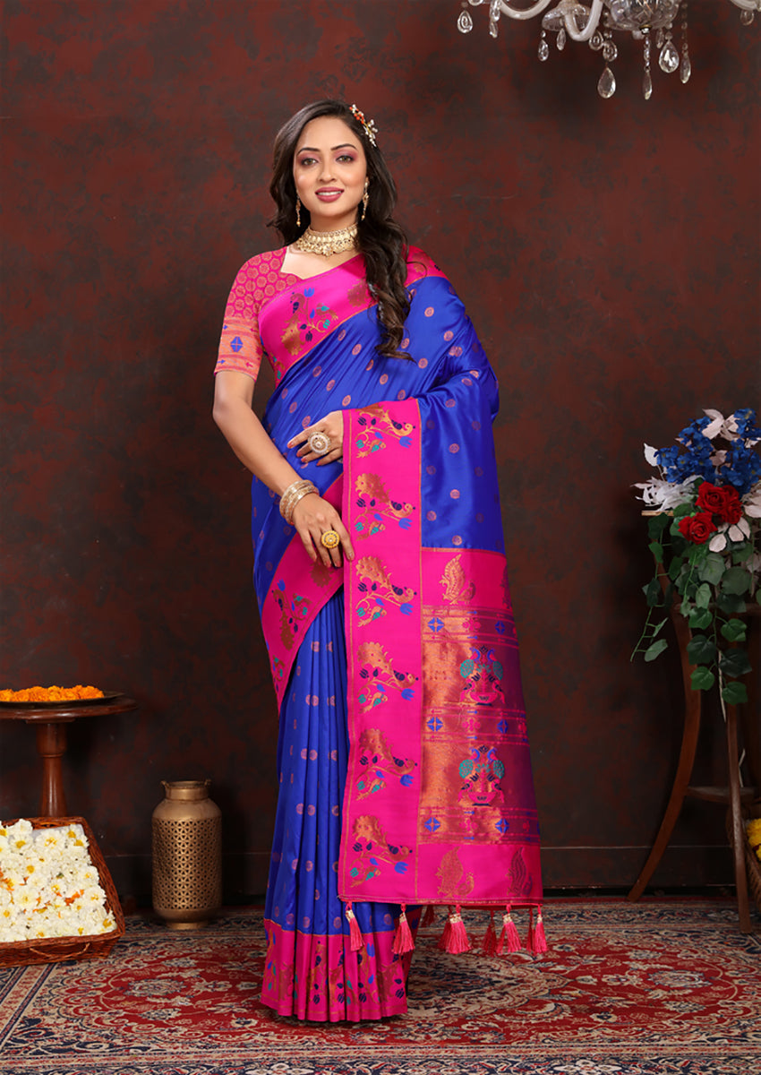 Deep blue Soft Paithani Silk Saree with ornate Zari and Meenakari weaving.