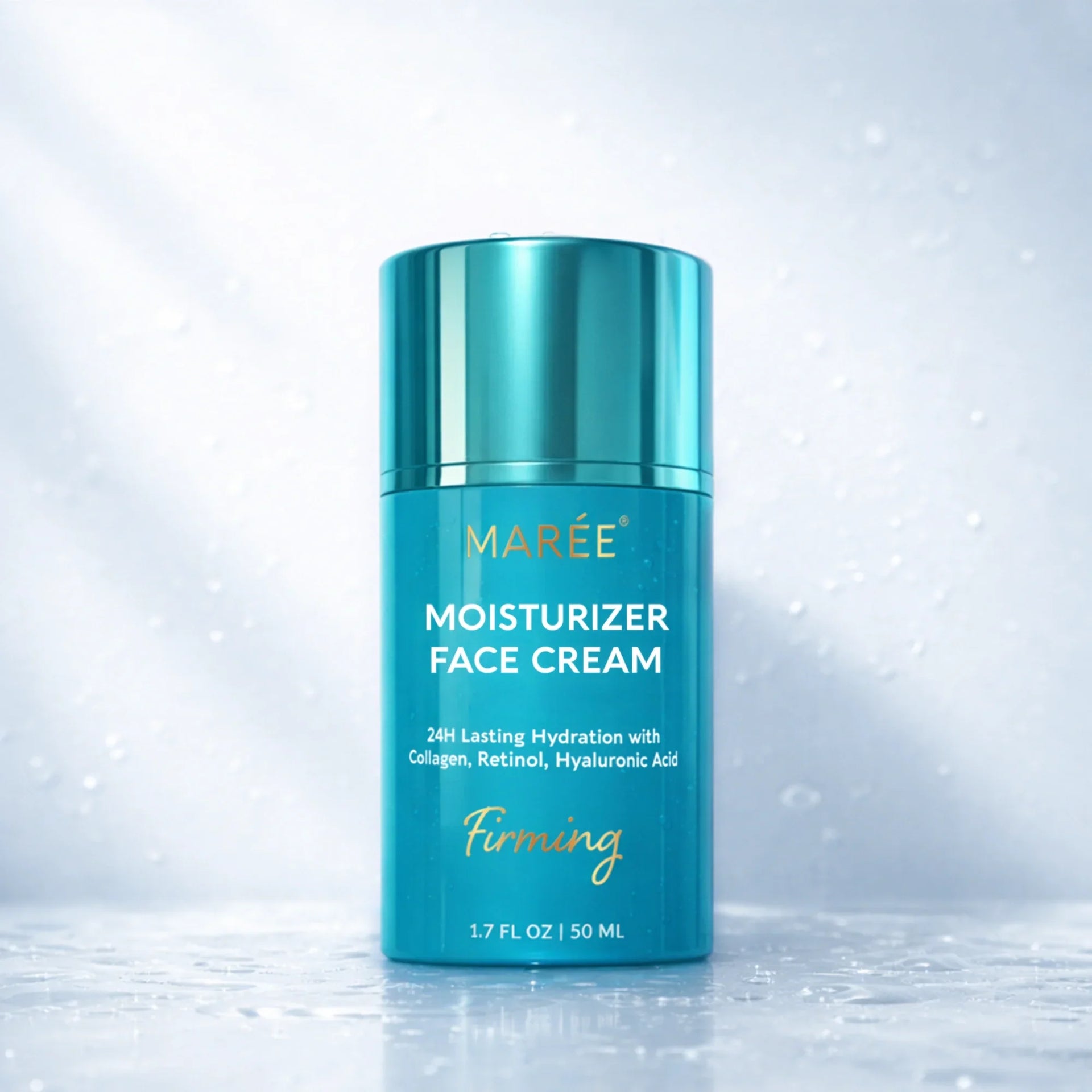 A 50ml bottle of blue Marée firming moisturizer featuring collagen, retinol, and hyaluronic acid.