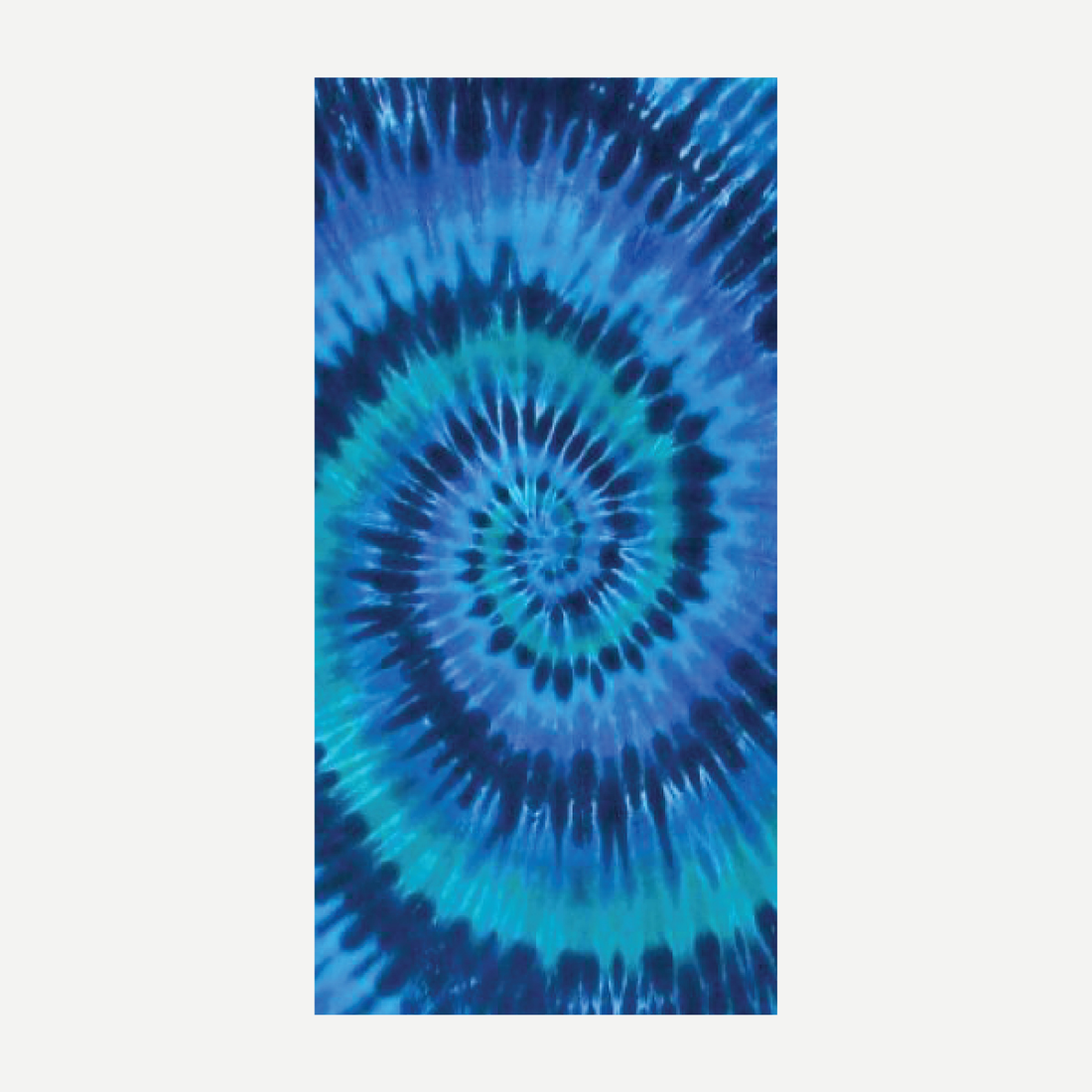 A vibrant blue and teal tie dye spiral pattern beach towel laying flat