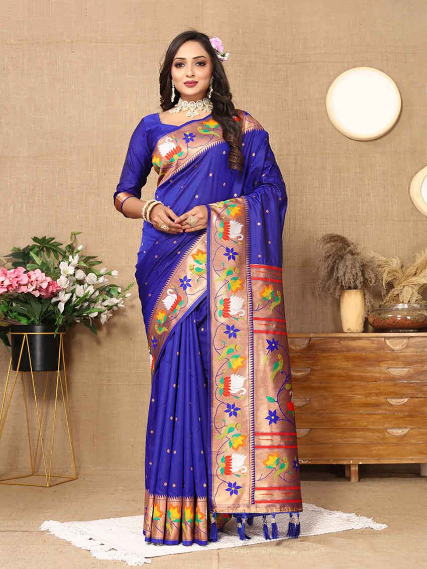Elegant blue Paithani silk saree with rich gold Zari Meenakari weaving details