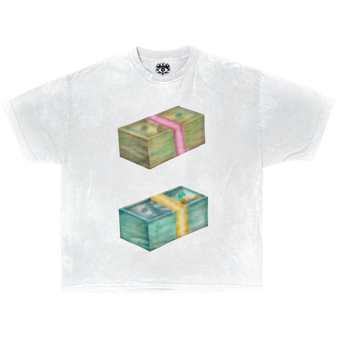 A white heavyweight boxy t-shirt with a graphic of two stacks of cash on the front.