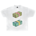 A white heavyweight boxy t-shirt with a graphic of two stacks of cash on the front.