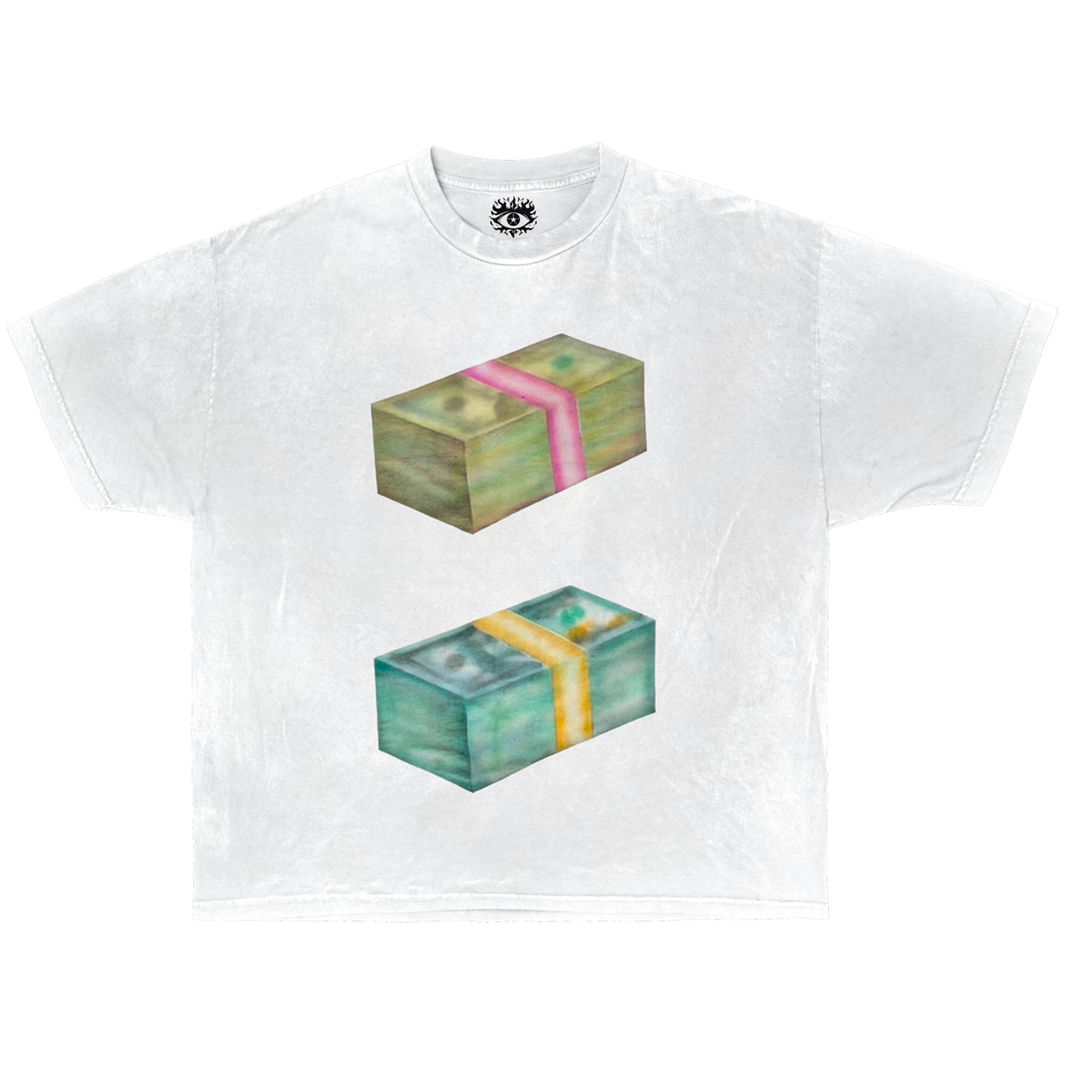 A white heavyweight boxy t-shirt with a graphic of two stacks of cash on the front.