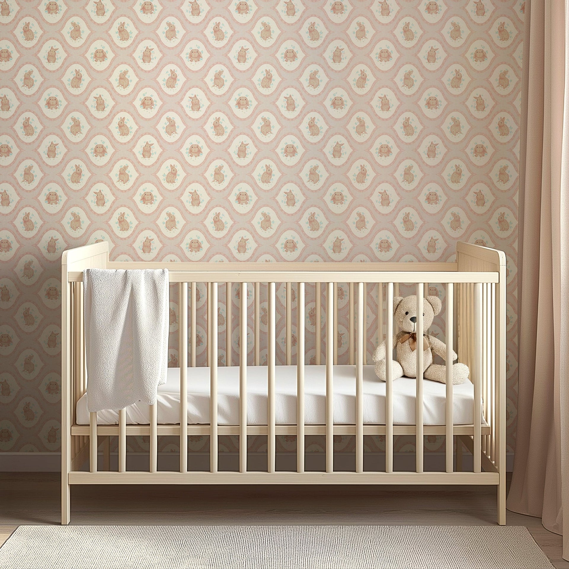 Poppie whimsical wallpaper in pink, cream, and brown for nursery and kids room