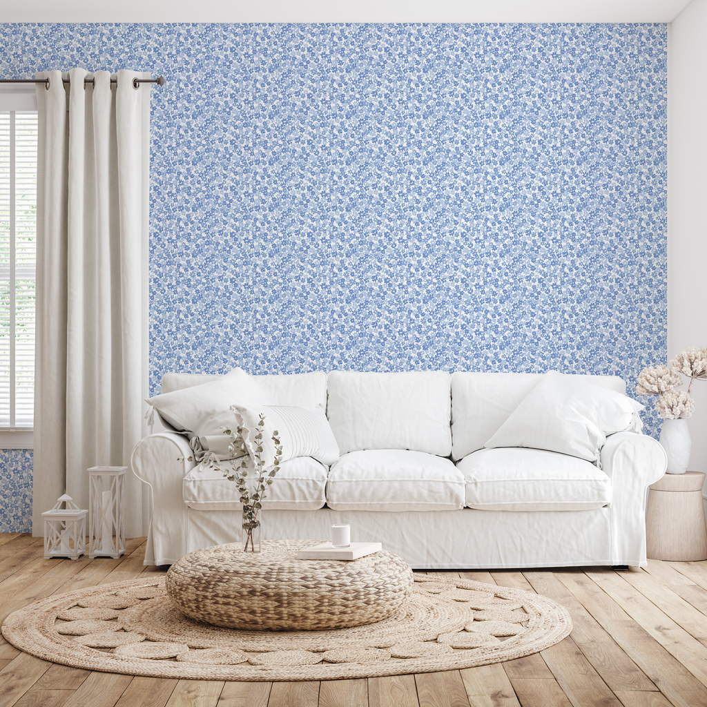 Blythe traditional floral wallpaper in blue, white and green