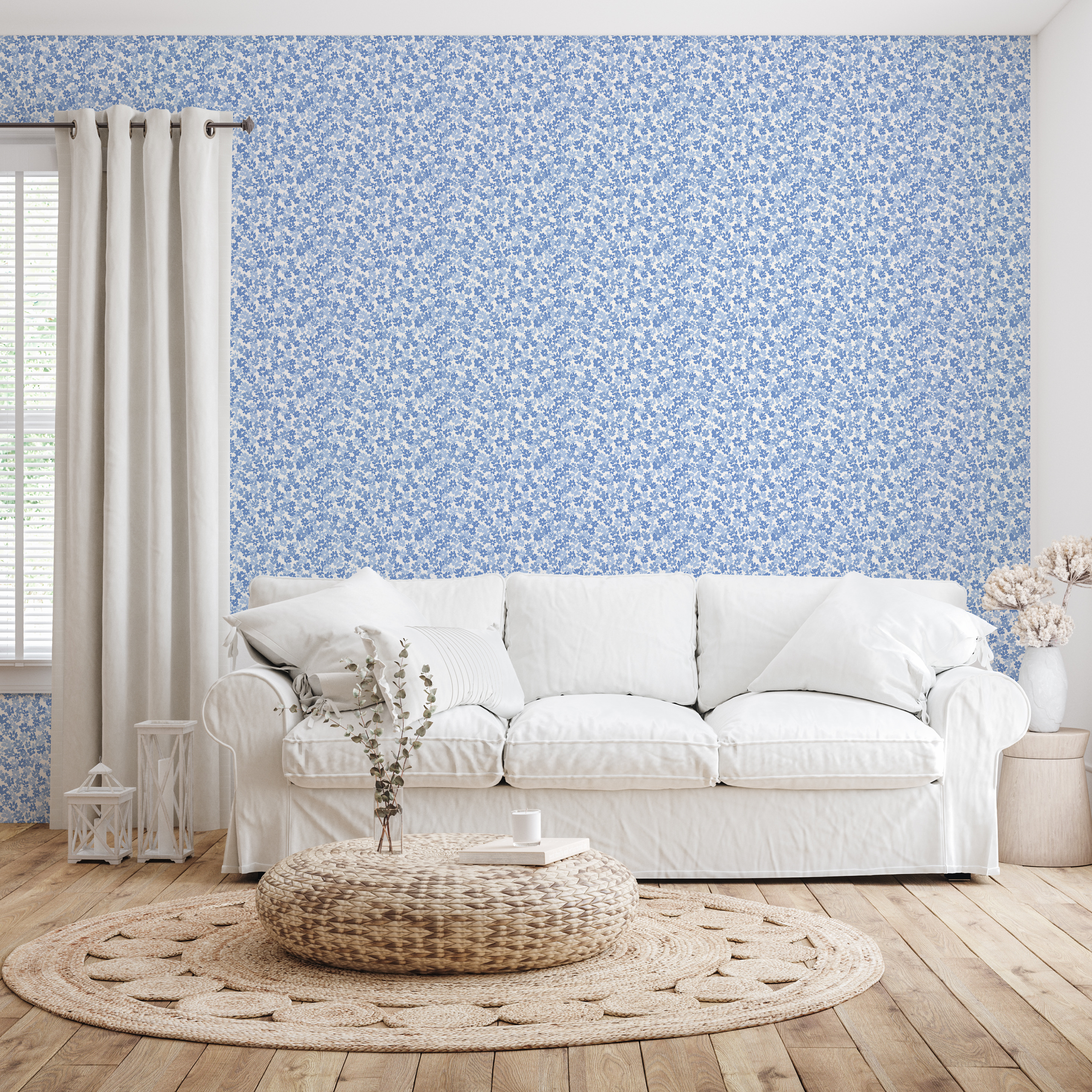 Blythe traditional floral wallpaper in blue, white and green