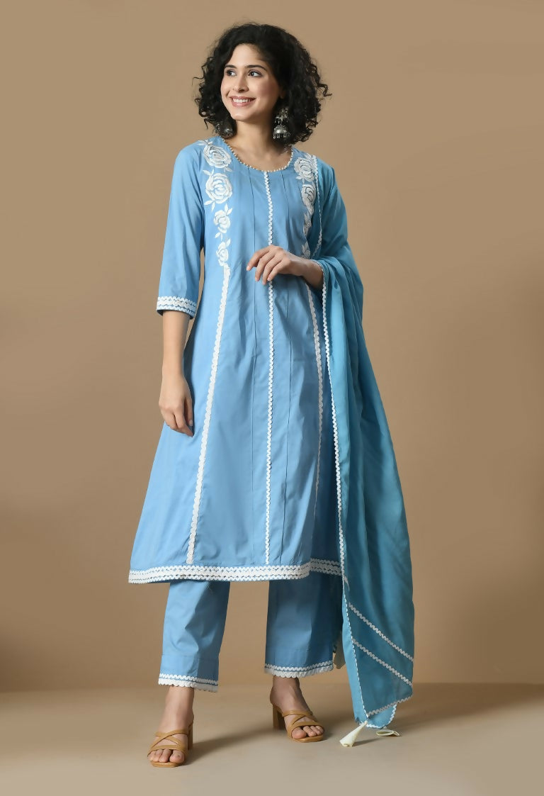 L.Blue cotton kurta set featuring an organza dupatta for a refined look