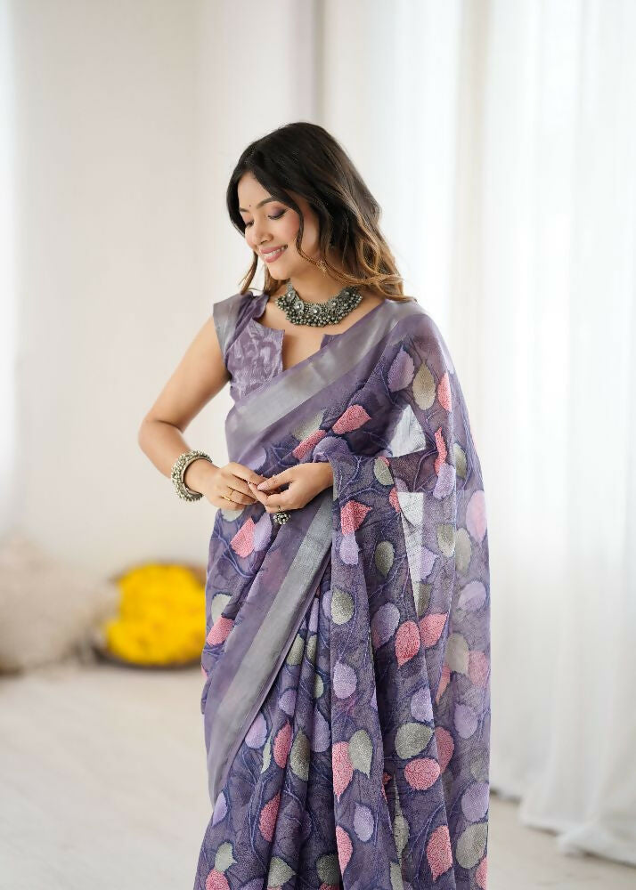 Lavender Linen Patta Printed Saree