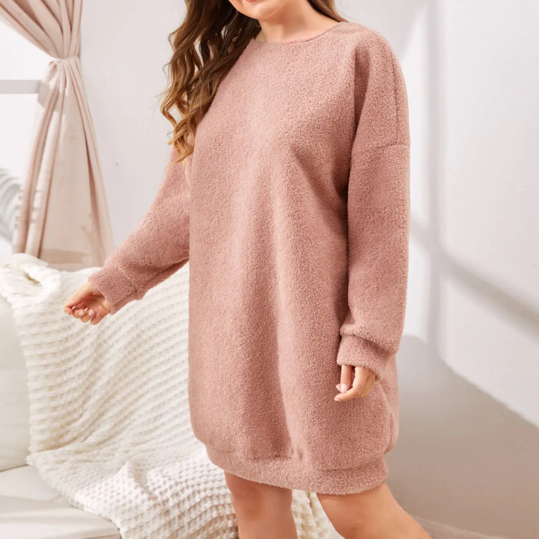 Women's Fuzzy Fleece Long Sleeve T-Shirt Dress with Front Pockets - Image 7