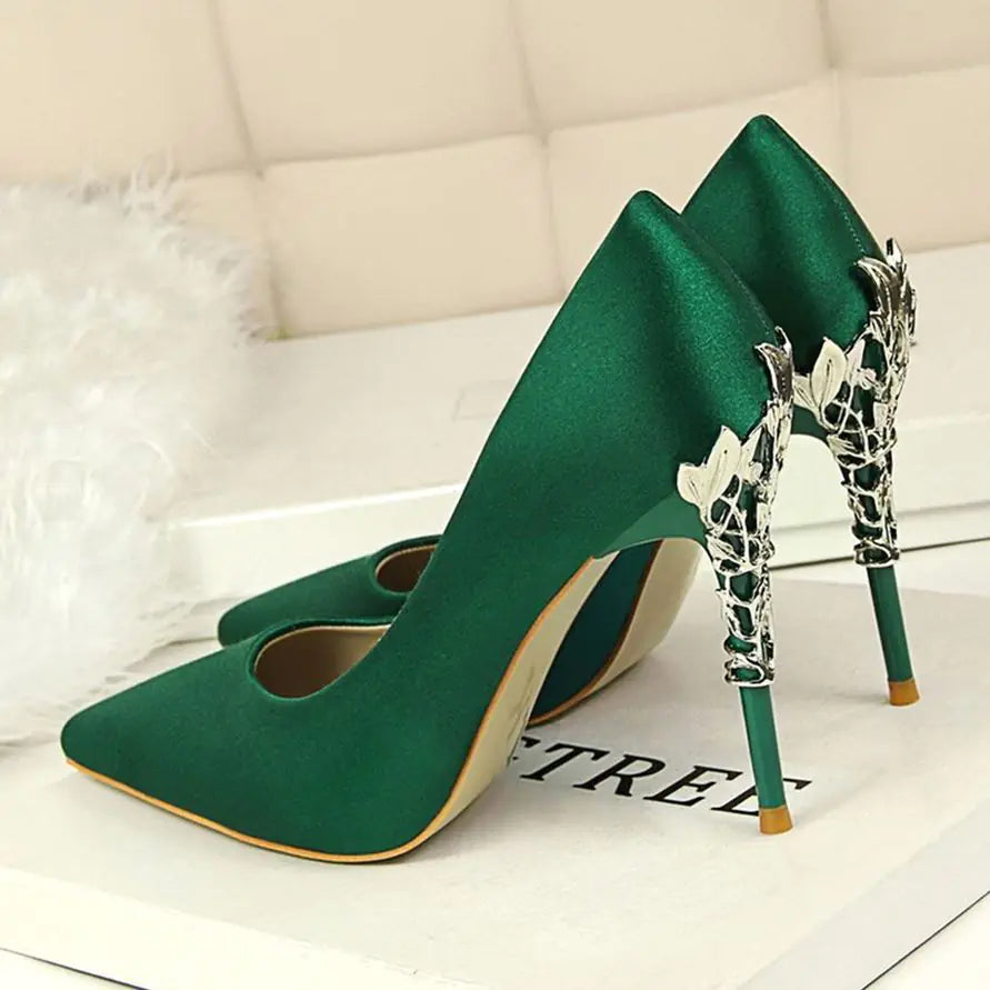 Women's White Satin Pointed High Heels - Elegant