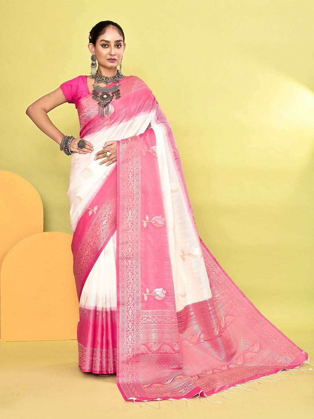 White and Rani Pink Banarasi soft silk saree with an elegant woven border design