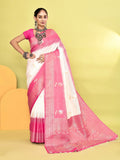 White and Rani Pink Banarasi soft silk saree with an elegant woven border design