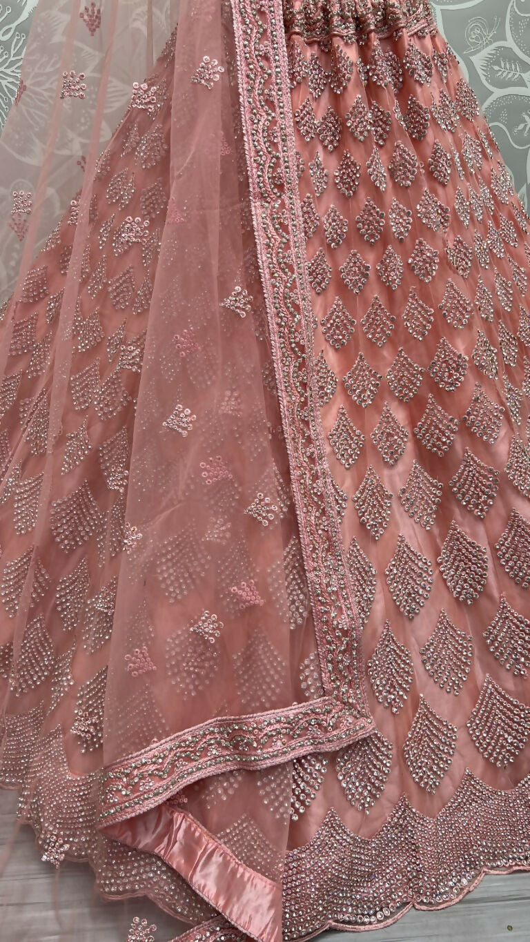 Pink Bridal Net Lehenga Choli with Zircon & Dori Embroidery