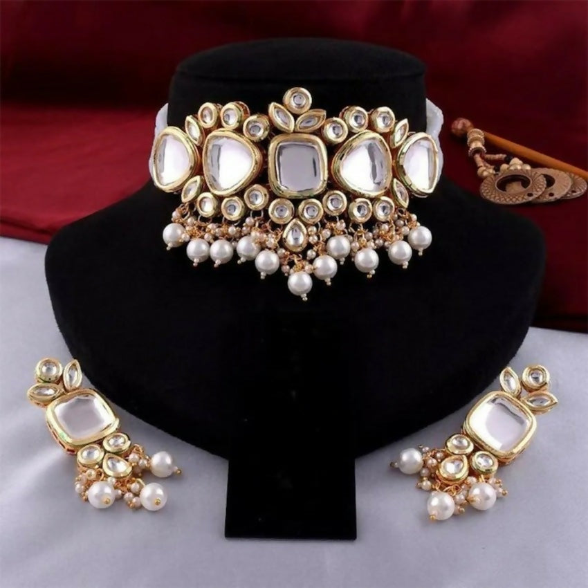 White Kundan stone necklace set with high-quality gold plating and adjustable cord for women
