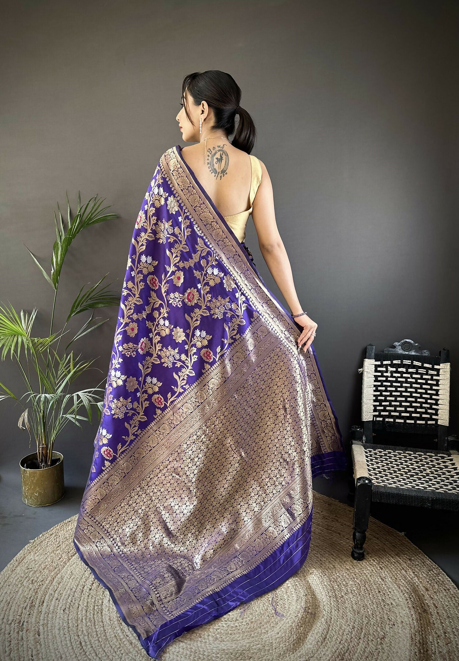 Violet Floral & Ethnic Motif Soft Silk Meenakari Banarasi Saree