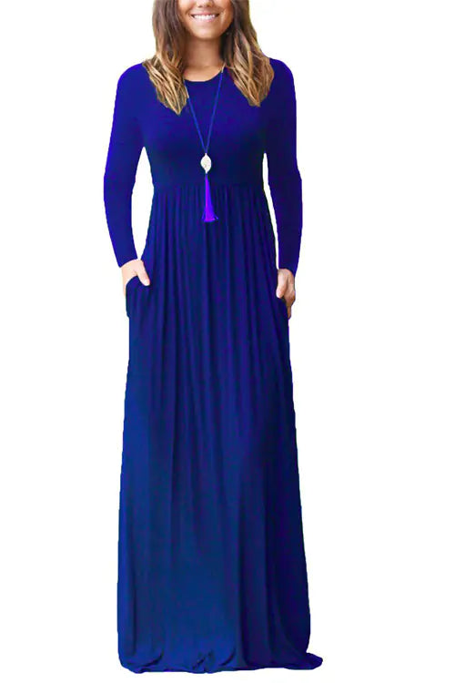 Women's Long Sleeve Maxi Dress with Elastic Waist and Pockets