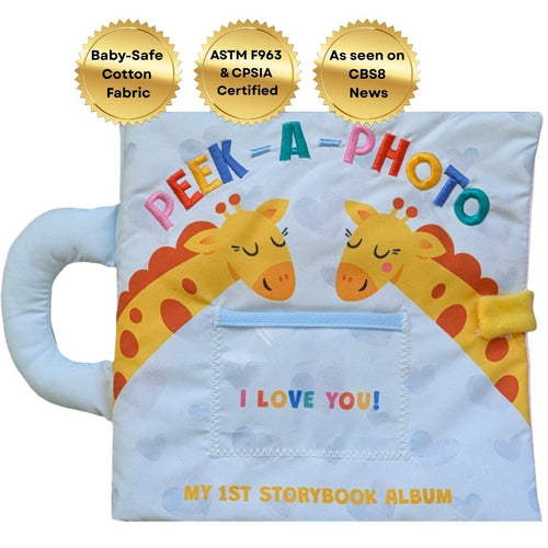 Peek-A-Photo "I Love You" personalized cloth book with open flap showing a family photo.