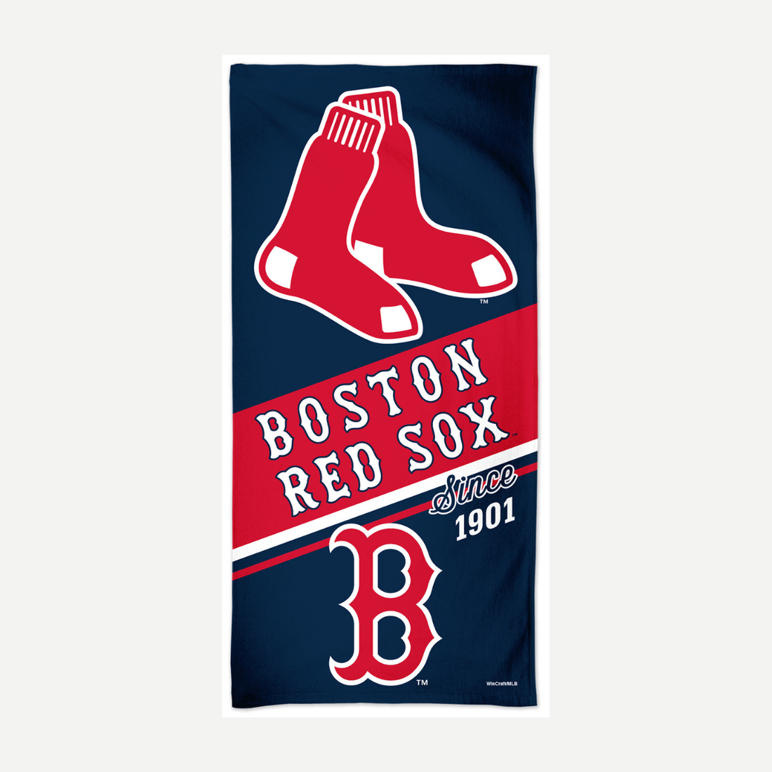 Boston Red Sox logo displayed on a soft velour beach towel with team colors.