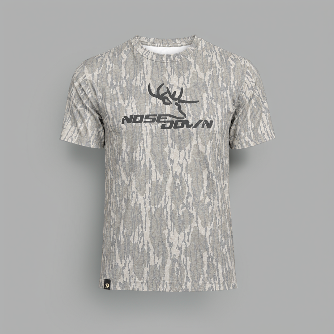Close up of Faded Mossy Oak T-Shirt showing soft fabric texture and camo pattern