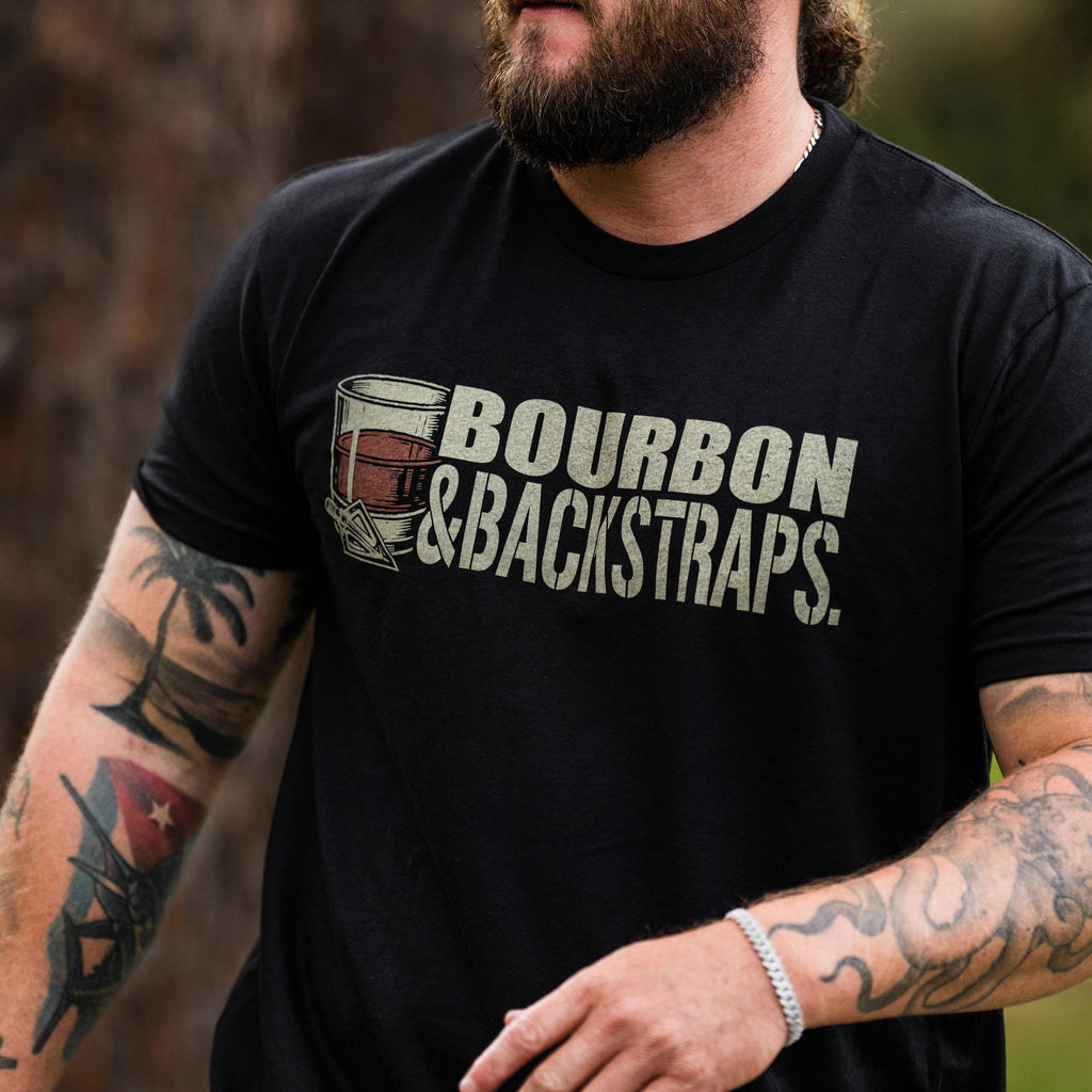 Bourbon & Backstraps Unisex Outdoor Graphic Tee - Black & Tan